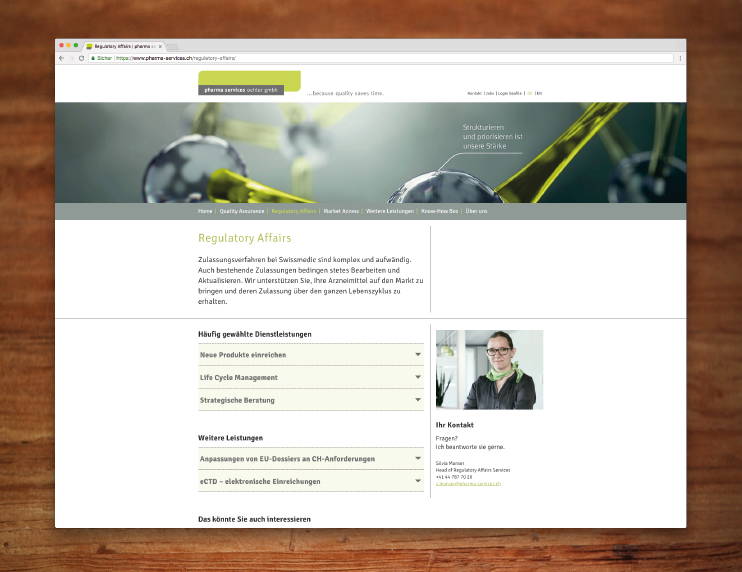 Inhaltsseite der responsive Website für pharma services oehler gmbh