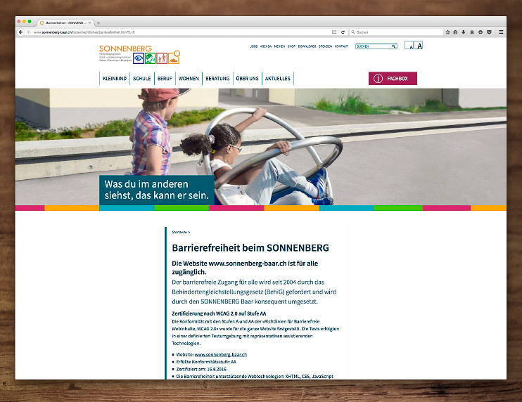 Inhaltsseite der barrierefreien, responsive Website des SONNENBERG in Baar - Referenzprojekt von antiva
