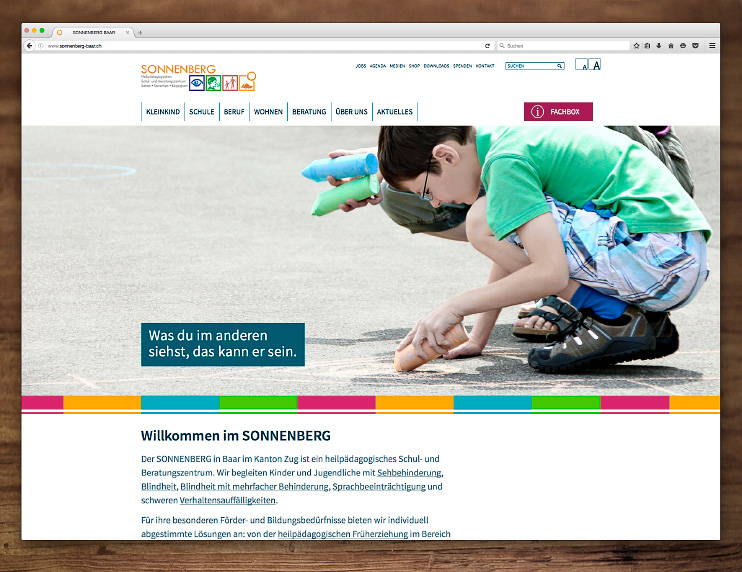 Startseite der barrierefreien, responsive Website des SONNENBERG in Baar - Referenzprojekt von antiva